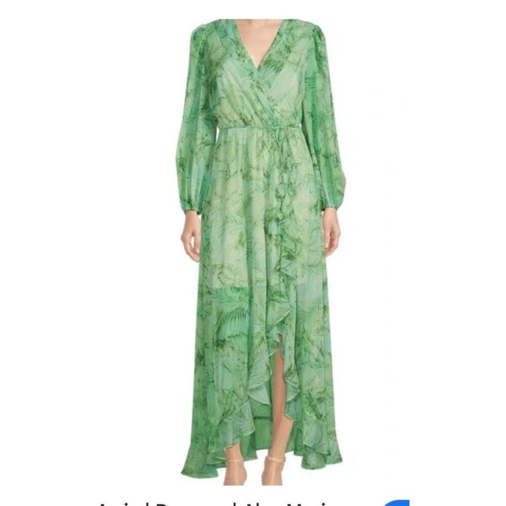 Alex Marie Hallie Green Palm Print V-Neck Chiffon Long‎ Sleeve Maxi Dress Size 6
